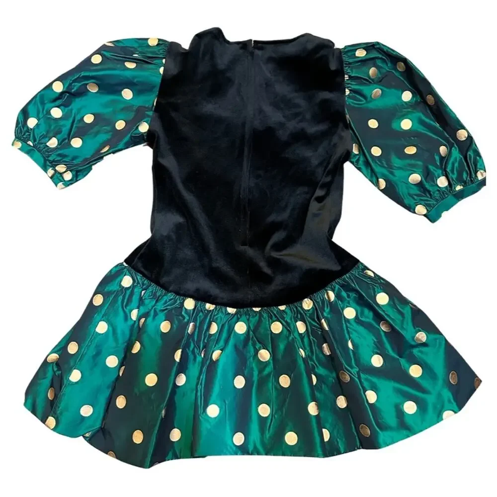 RARE Vintage My Michelle 80s Party Dress Girls 7 Gold Green Black Polka Dots